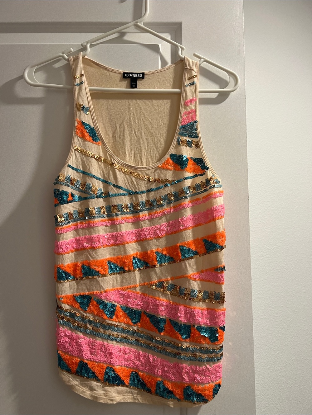 Express Cream Tank with Pink, Orange & Teal Sequin Stripes